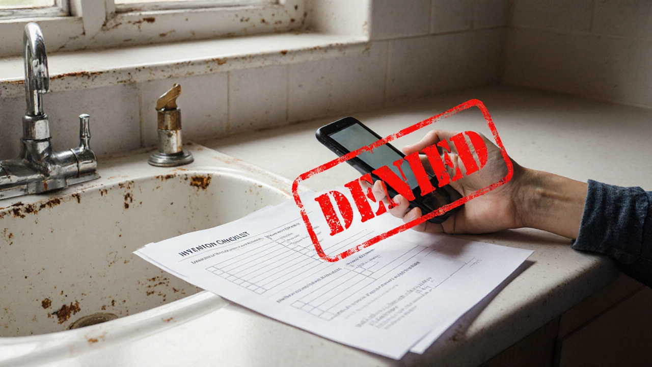 Tenant’s photo placed beside signs of normal aging in a kitchen—chipped enamel, rusted tap, and sun-faded wall.