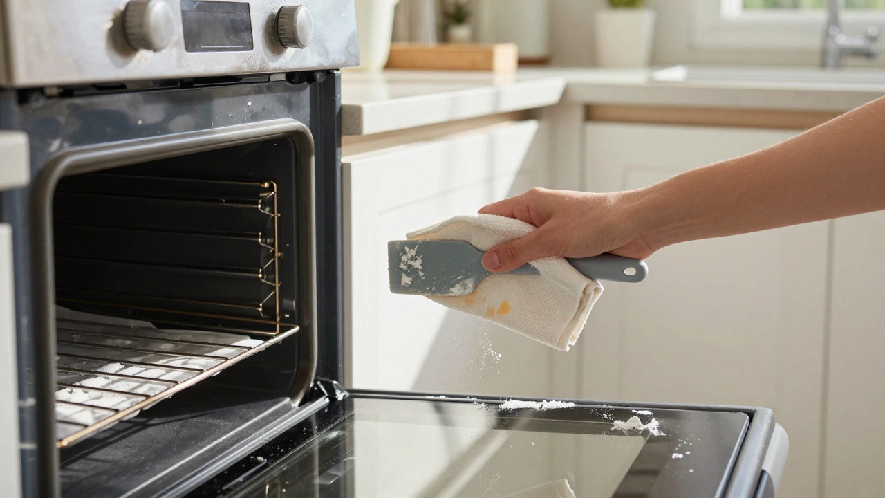 A person gently wiping a clean oven interior with a damp cloth in morning light.