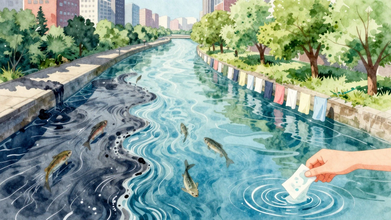 A river divides polluted chemical runoff from clean water where laundry strips dissolve safely.