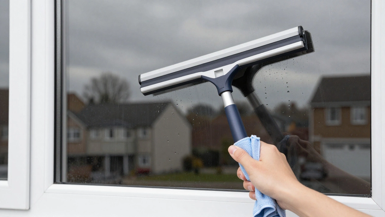 A squeegee moving down a large window, with a microfiber cloth wiping the blade clean.