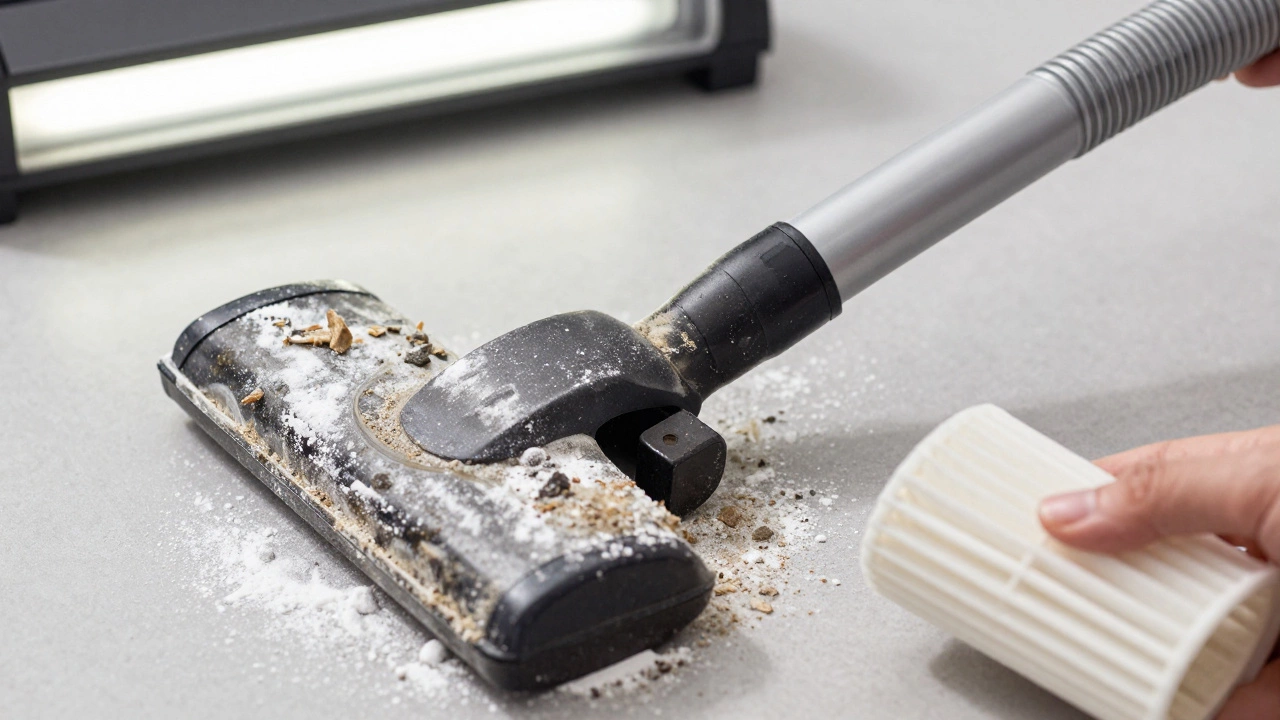 A vacuum hose clogged with clumped baking soda and skin debris, showing the mess left behind.