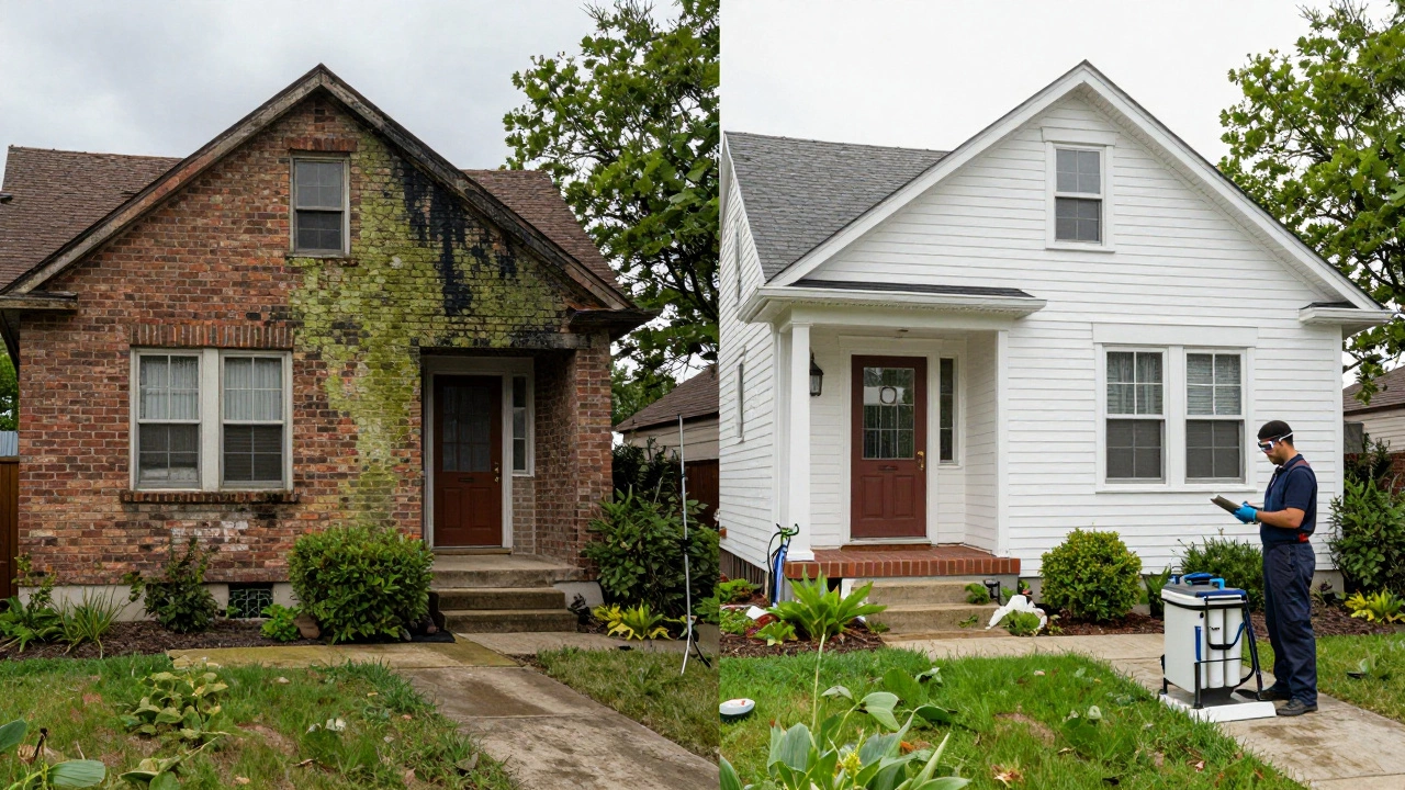 Before and after of a mold-covered brick house transformed by professional soft washing.