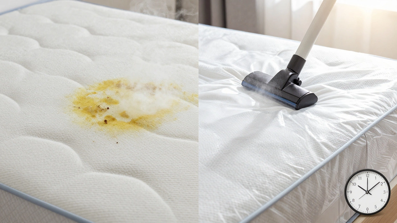 Before-and-after split of a clean vs. stained mattress with protective cover being added