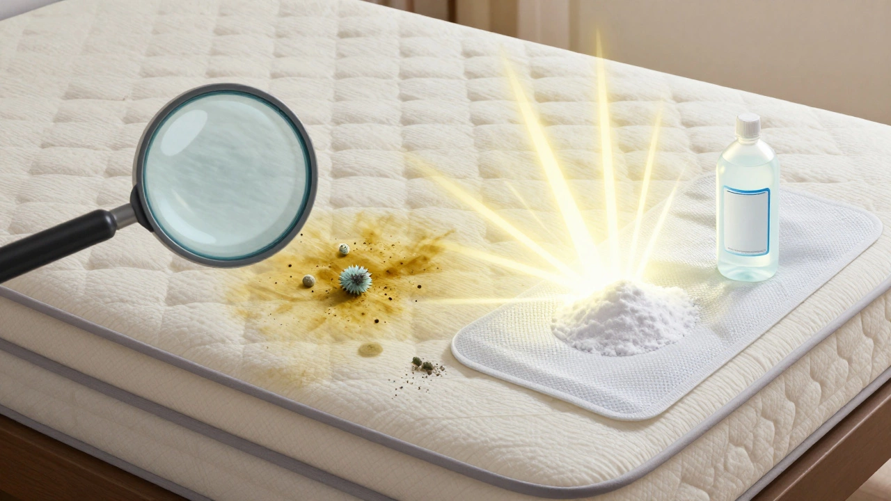 Before and after view of a mattress: stained and contaminated versus clean and protected by a breathable cover.