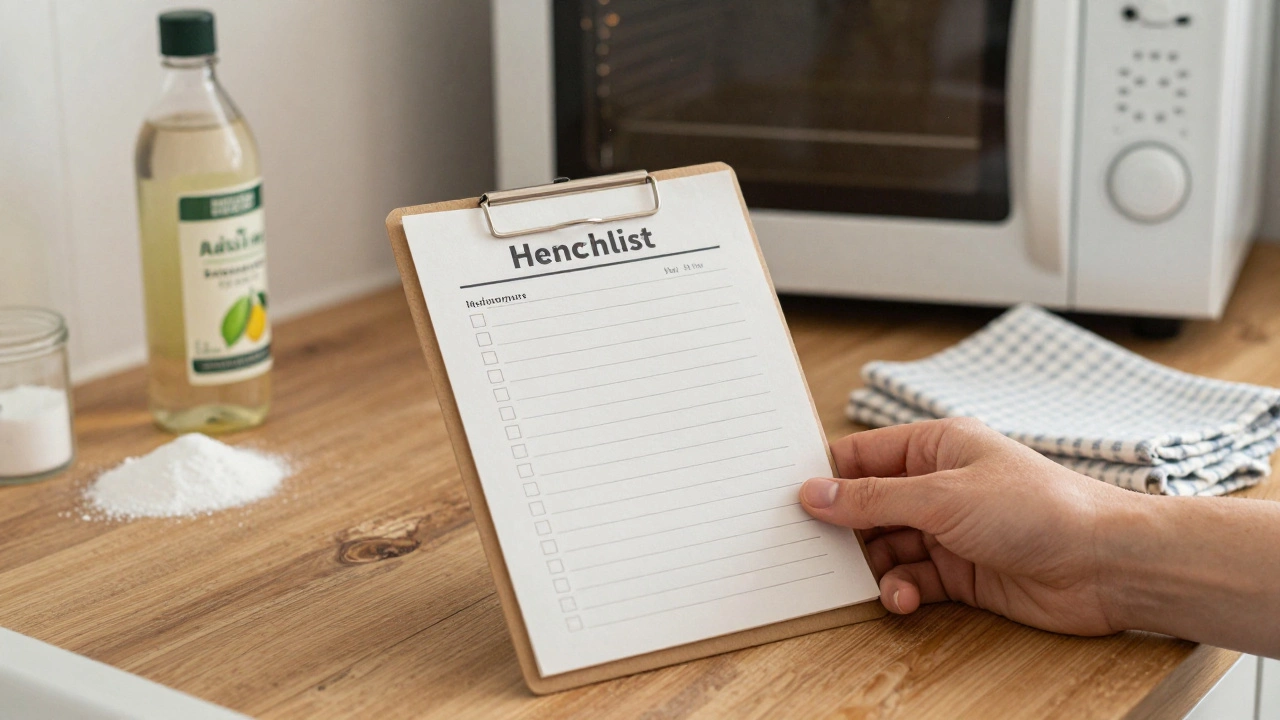 Cleaning checklist with vinegar and cloth on a kitchen counter, next to photos of cleaned appliances.