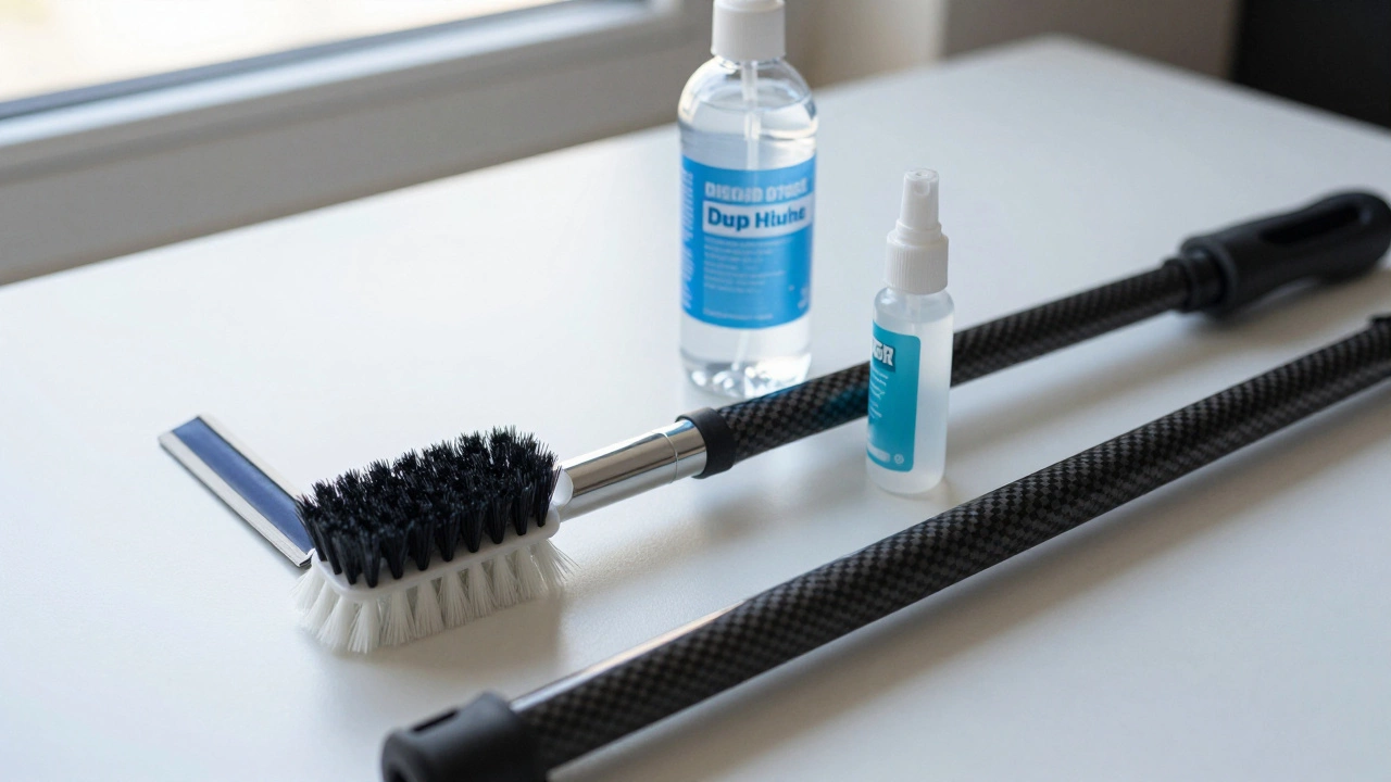 Close-up of professional window cleaning tools: carbon-fiber pole, soft brush, fresh squeegee, and distilled water.