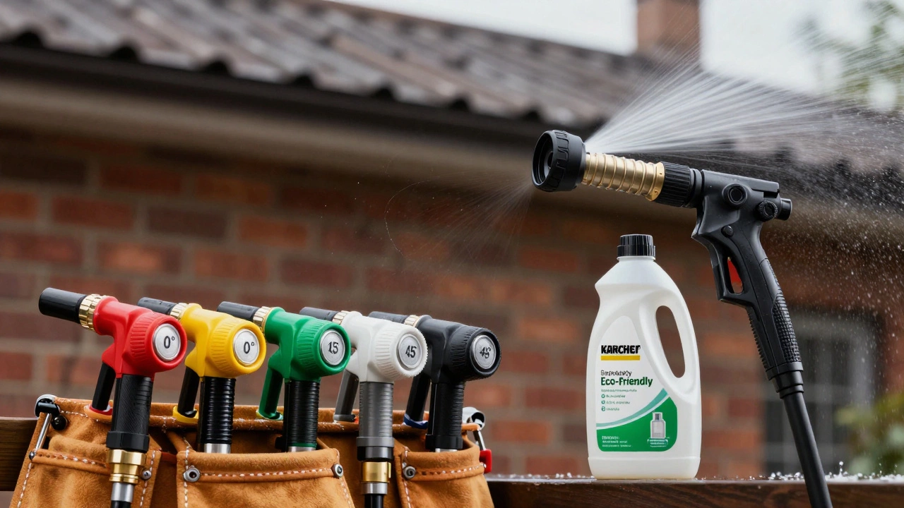 Color-coded pressure washer nozzles and eco-friendly cleaner laid out on a tool belt.