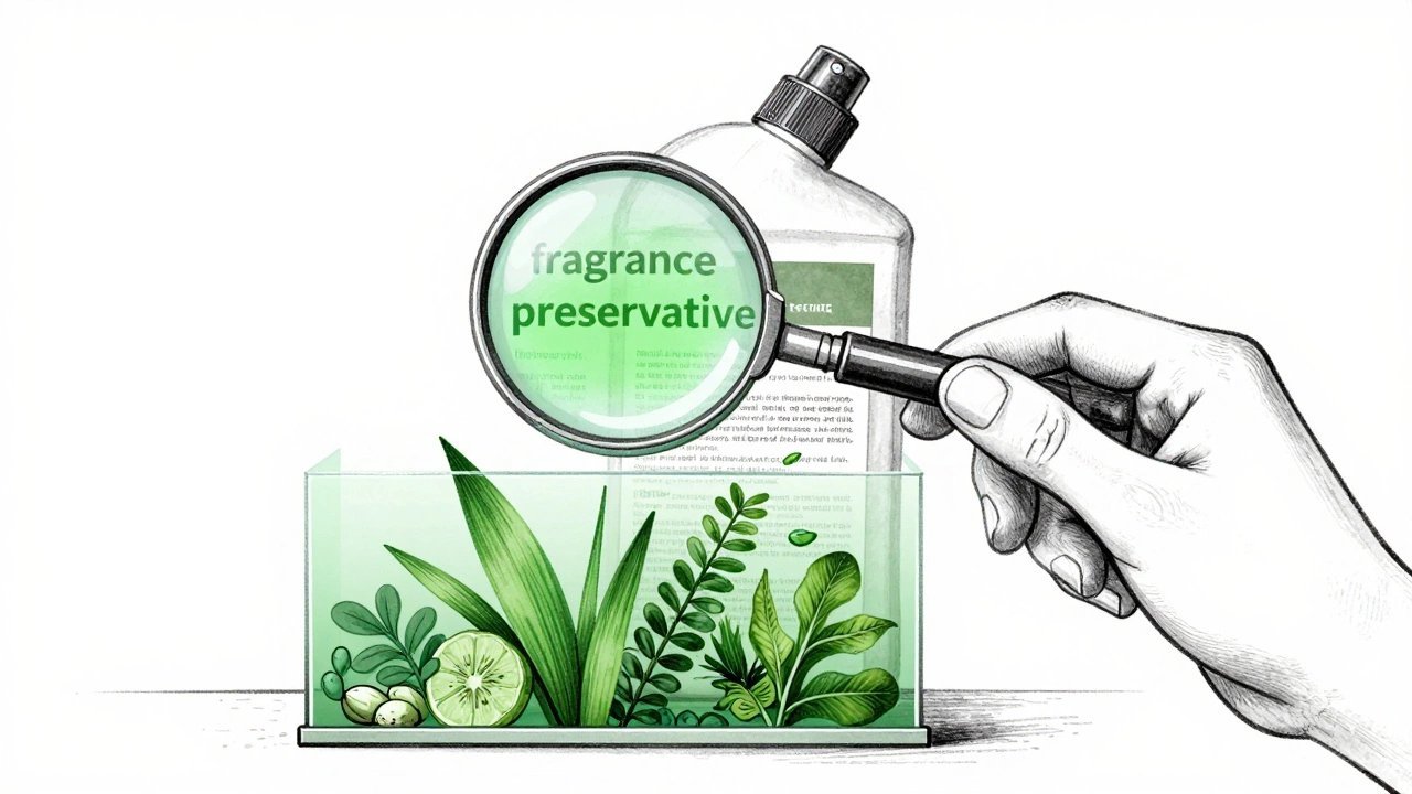 Consumer using a magnifying glass to reveal hidden chemicals under a green-washed label, exposing the truth behind greenwashing.