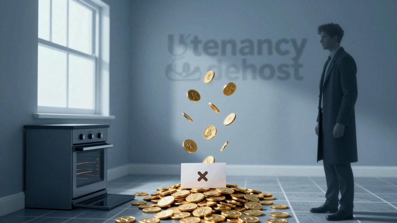 Golden coins falling into a bank account, symbolizing deposit return, with clean home elements in background.