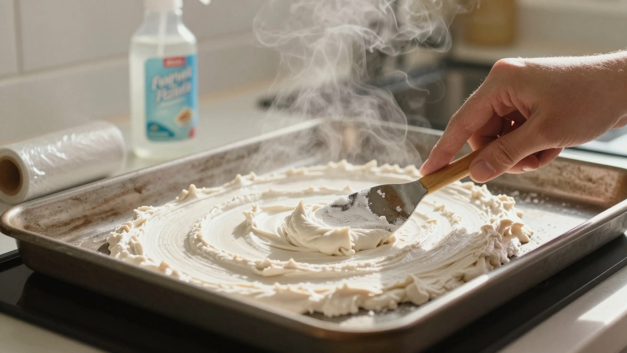Hand applying baking soda paste to an oven tray with vinegar nearby.