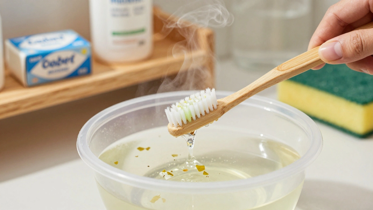 Hand scrubbing a showerhead in vinegar with an old toothbrush, limescale dissolving.