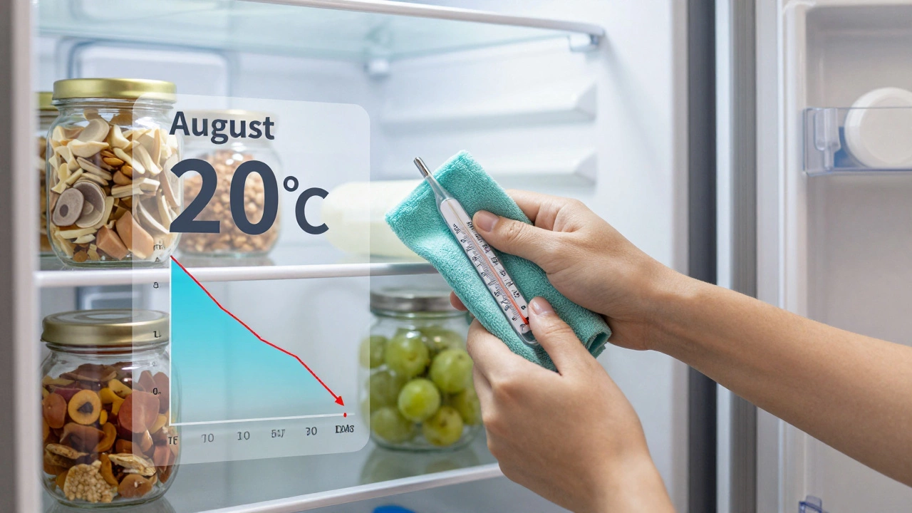 Hands cleaning a refrigerator shelf in August, with expired items and low pollen count overlay, calm kitchen background.