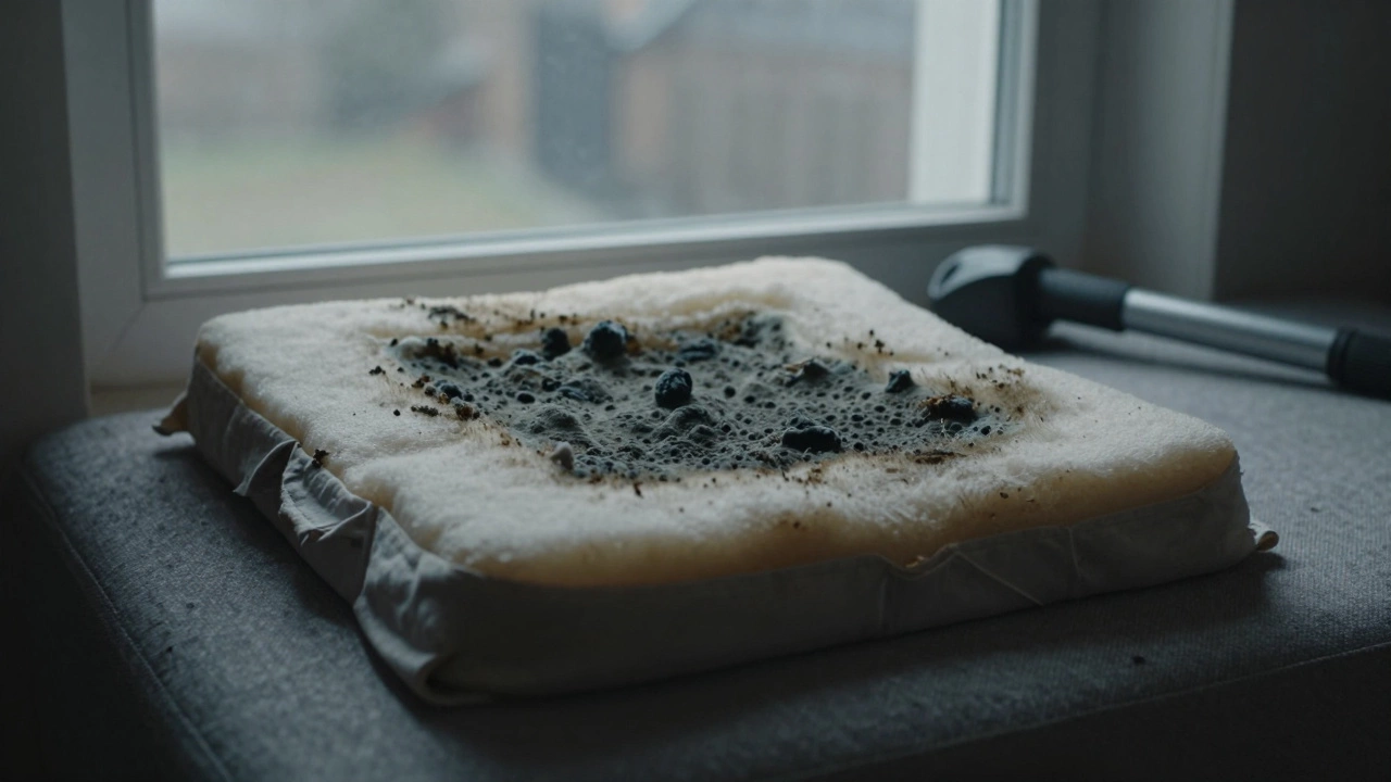 Mold growing inside a cut-open sofa cushion with damp fabric and steam cleaner nearby.