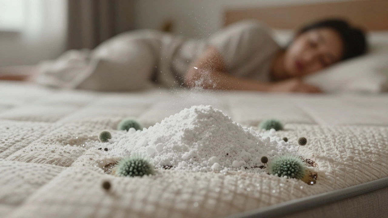 Mold spores developing beneath baking soda trapped in mattress fabric, hidden from view.