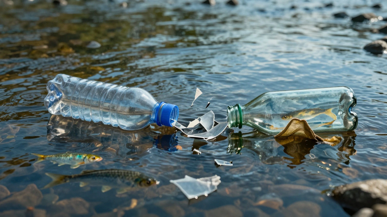 Plastic bottle dissolving in a river, transforming into eco-friendly alternatives as fish swim nearby.