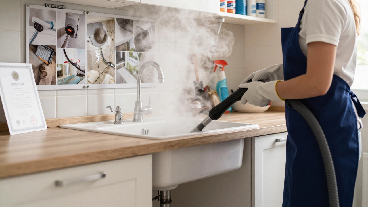 Professional cleaner using a steam cleaner on kitchen tiles with before-and-after photos nearby.