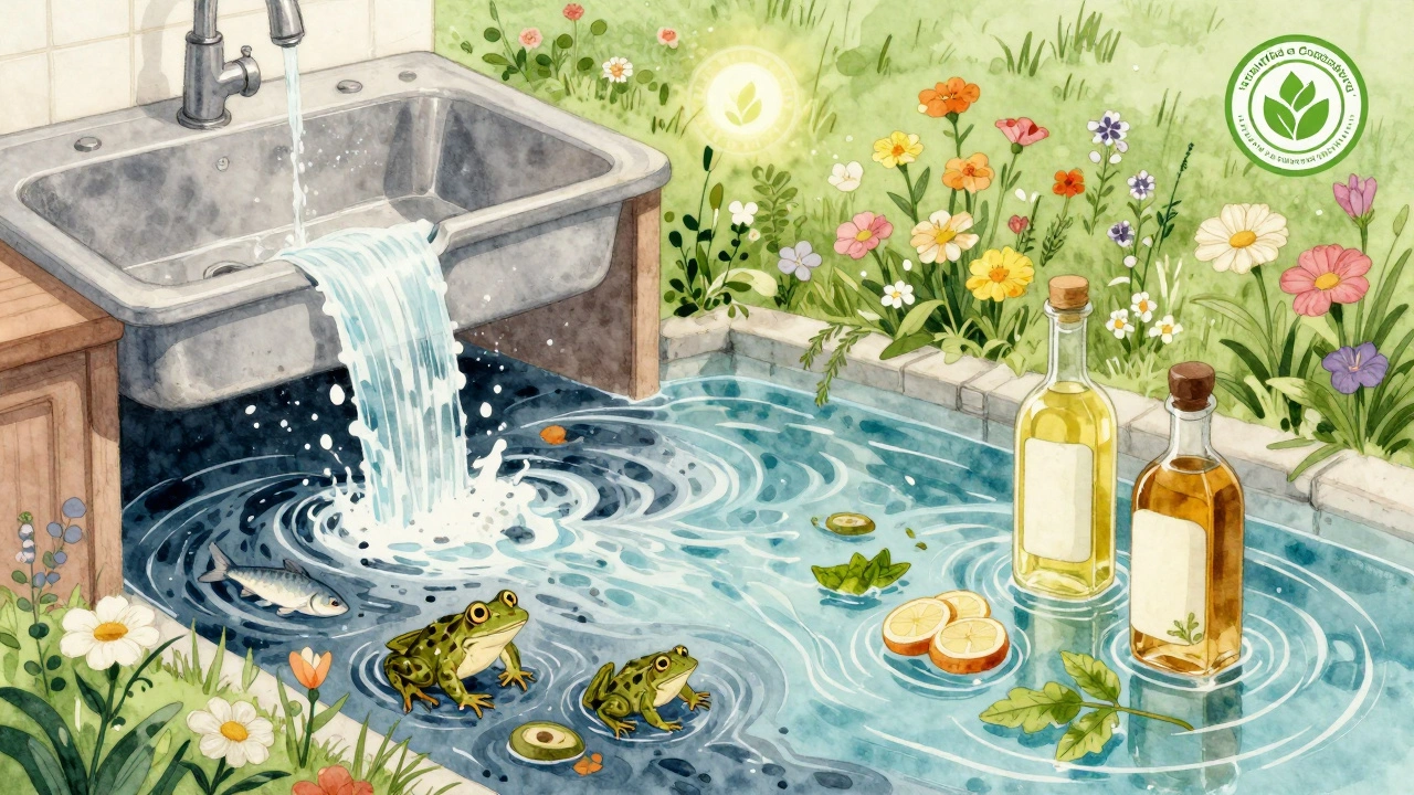 River flowing from a sink, one side polluted with chemicals harming aquatic life, the other clean with organic ingredients dissolving safely.