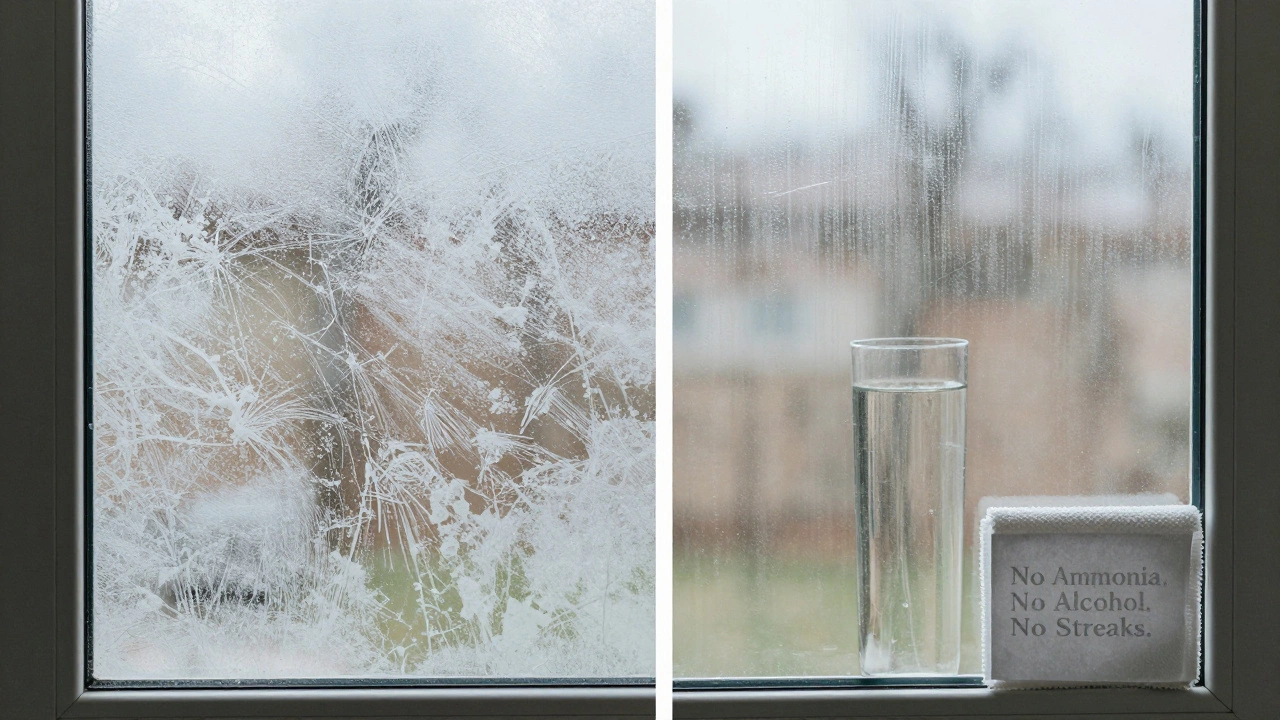 Side-by-side: a streaky dirty window vs. a perfectly clean one using the right cleaning method.