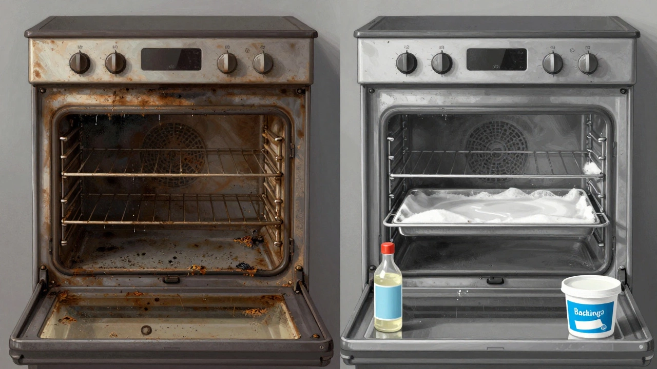 Side-by-side view of a dirty oven versus a clean one after baking soda and vinegar treatment.