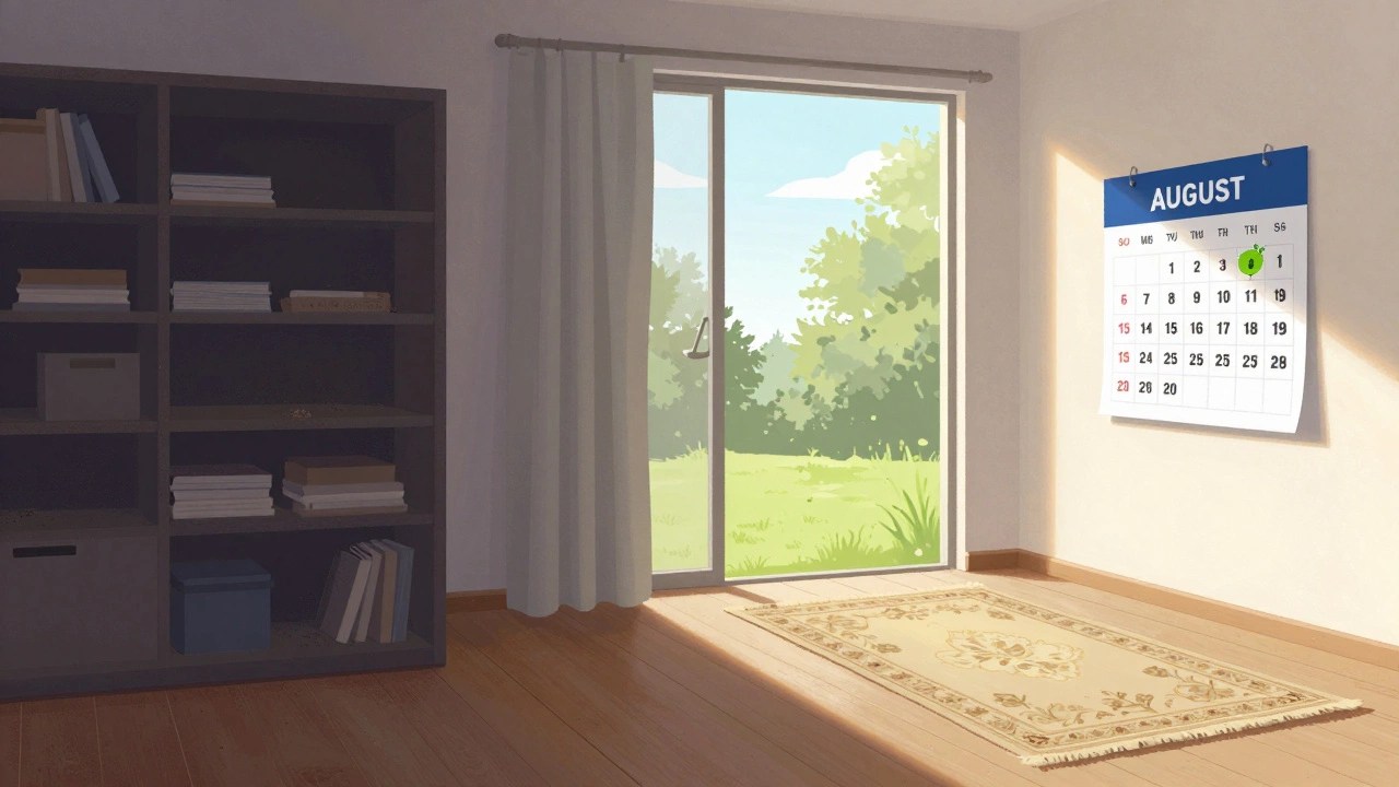 Split illustration showing dusty winter interior on one side and clean, sunlit spring space on the other, calendar reads August.