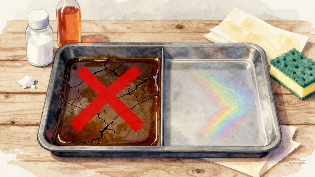 Split image of a grimy oven tray transformed into a clean one with cleaning tools around it.