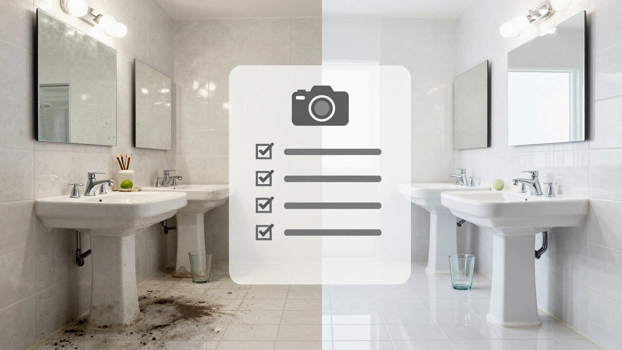 Split image showing a dirty bathroom transforming into a spotless one with checklist overlay.