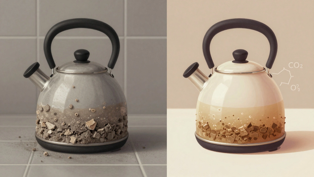 Split image showing limescale before and after vinegar cleaning on bathroom fixtures.