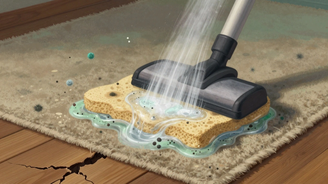 Steam cleaning damaging carpet padding and releasing mold spores into the air.