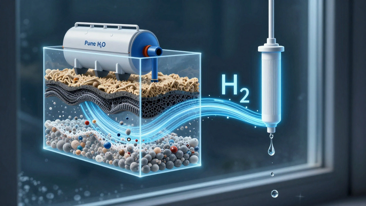Transparent diagram showing water filtration process removing minerals to produce 99.9% pure water for window cleaning.