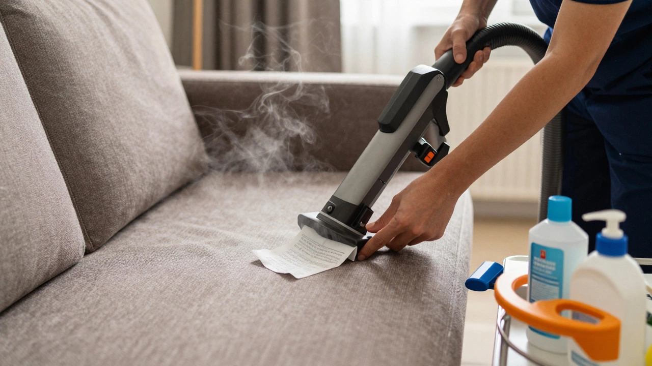 A professional cleaner using industrial steam equipment to deep-clean a sofa, inspecting its fabric code.