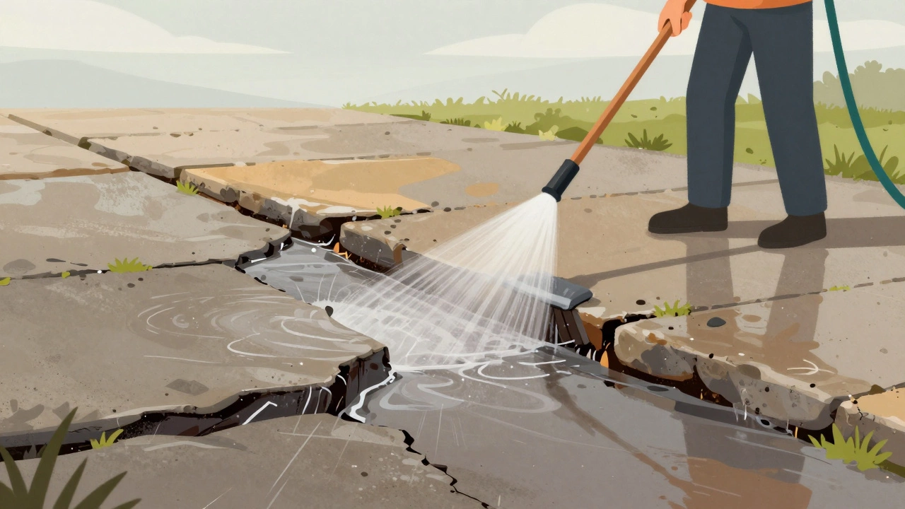Cracked concrete driveway with water seeping into fissures, contrasted by a person cleaning safely with a broom.