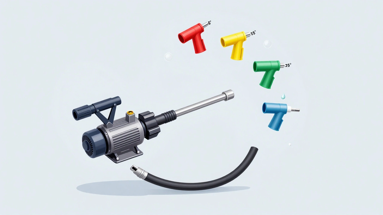 Diagram showing pressure washer components and color-coded nozzles with water droplets and detergent bubbles.