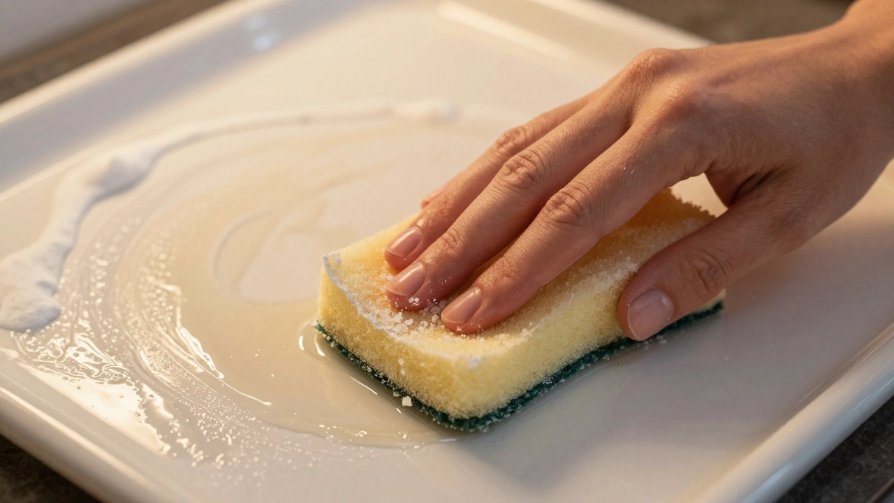 Hand wiping oven interior with sponge, revealing clean enamel beneath grime.