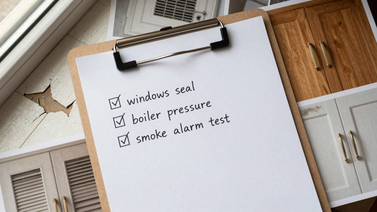 Handwritten handover checklist with photos of construction issues laid out on a table.