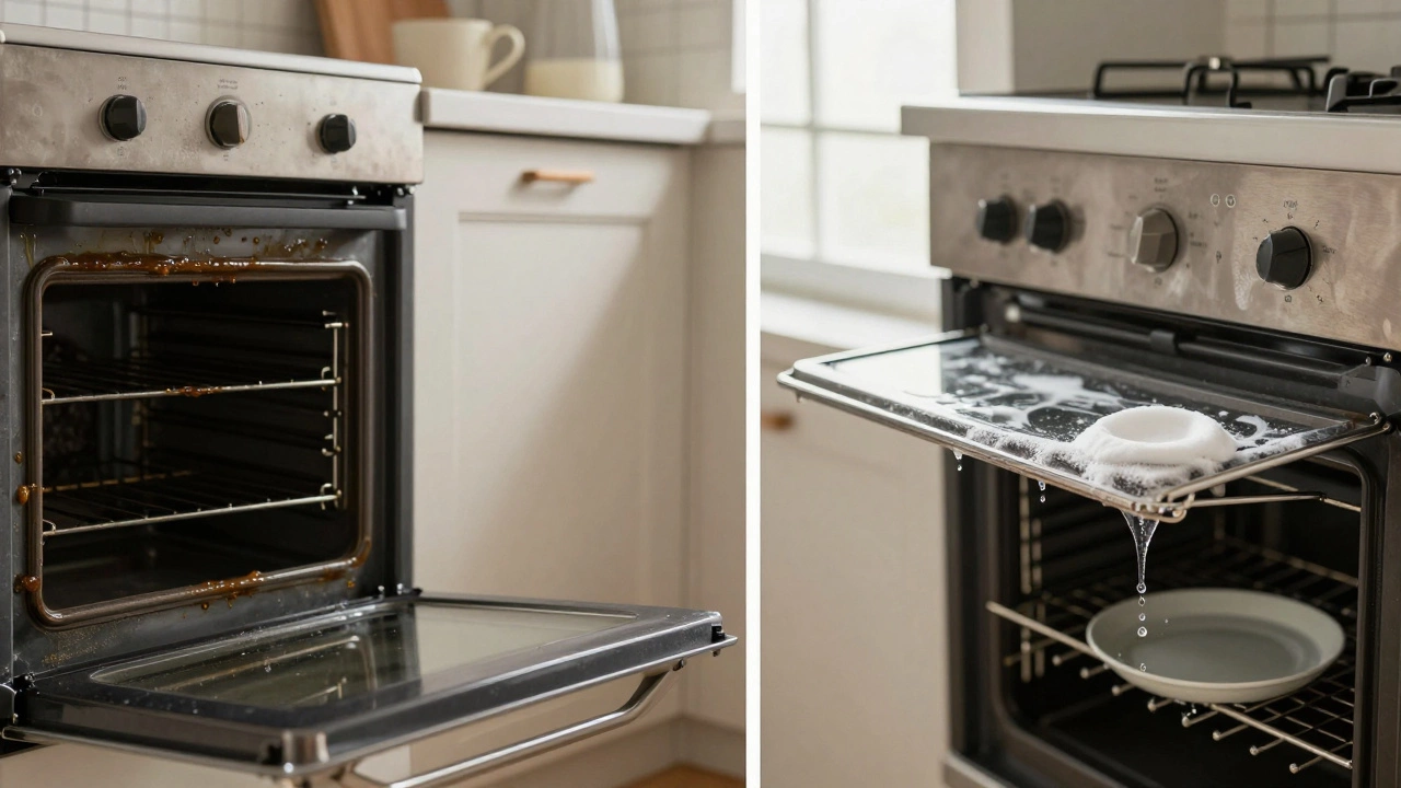 Side-by-side of dirty vs. clean oven door after natural cleaning with vinegar and baking soda.