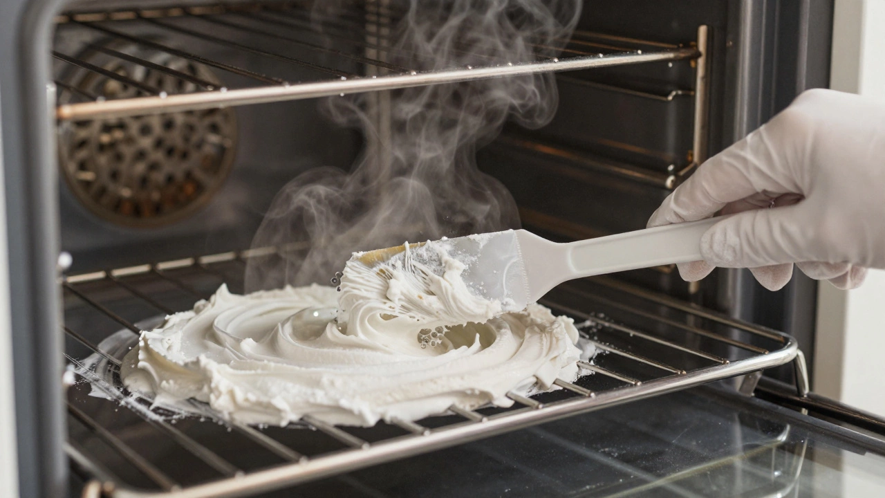 Someone applying baking soda paste to an oven wall with a spatula, vinegar spraying and fizzing.