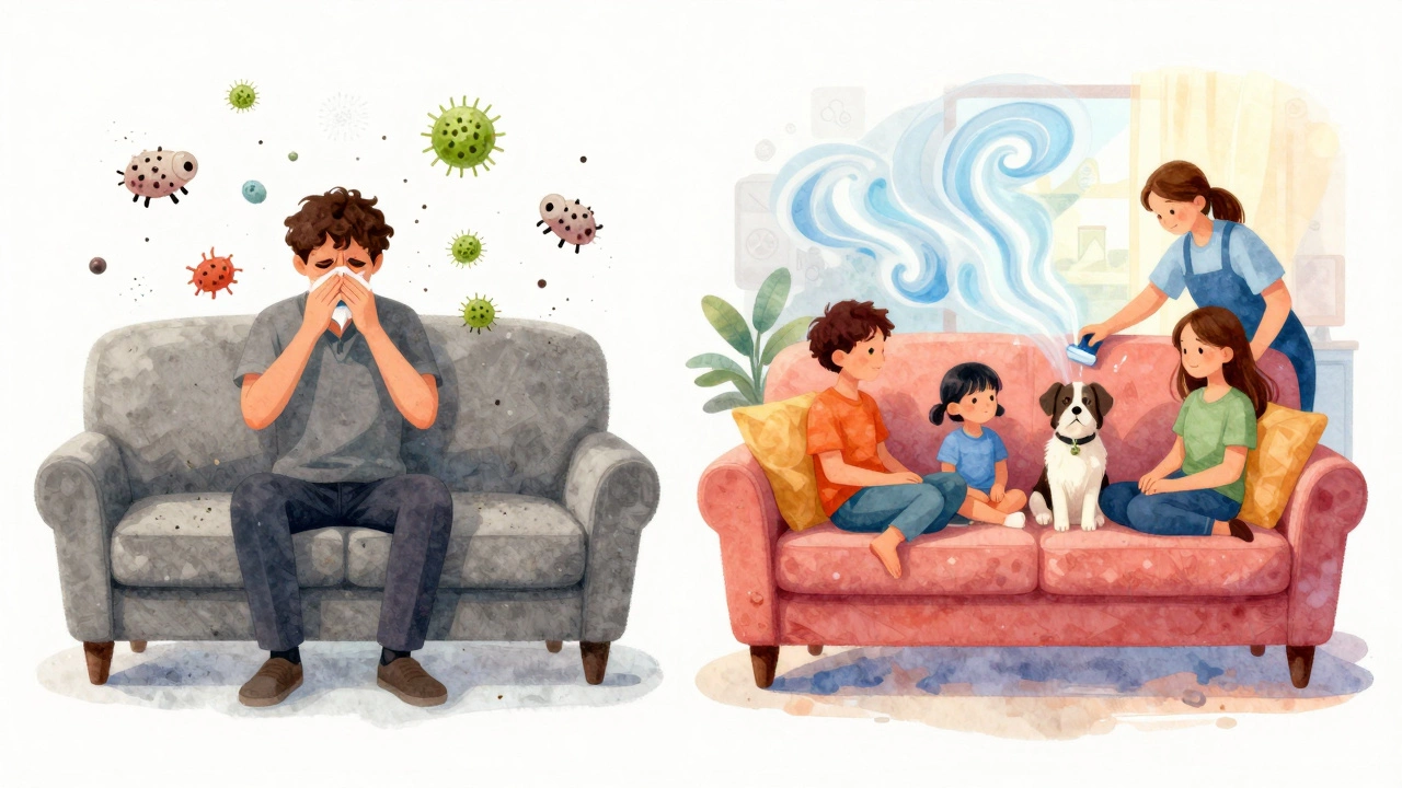 Split image: dirty couch causing allergies vs. clean couch with family relaxing comfortably.