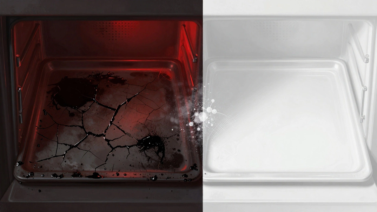 Split image: dirty oven left, clean oven right, symbolizing transformation with baking soda and vinegar.