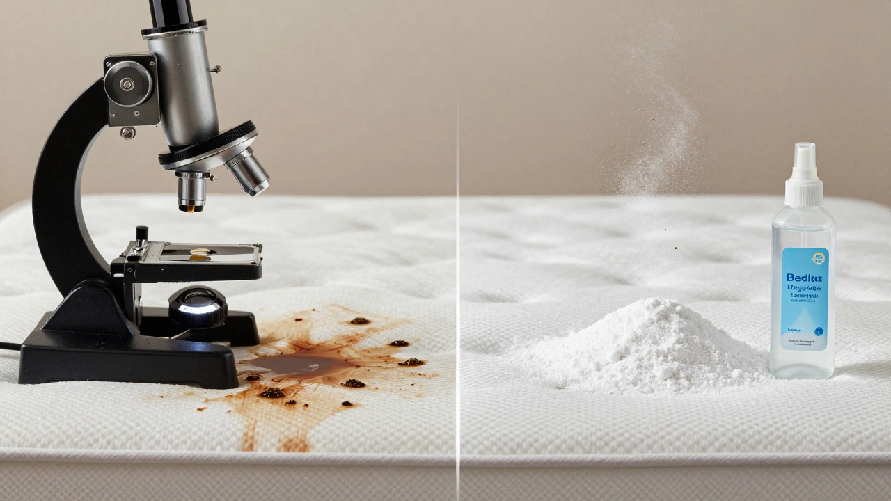 Split image showing a dirty mattress transforming into a clean one with odor-neutralizing particles.