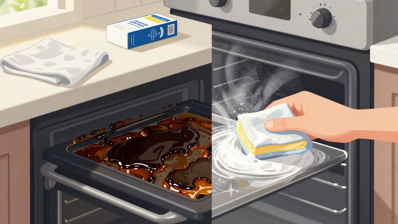 Split image showing a grimy oven door transforming into a clean one with vinegar fizzing on the glass.