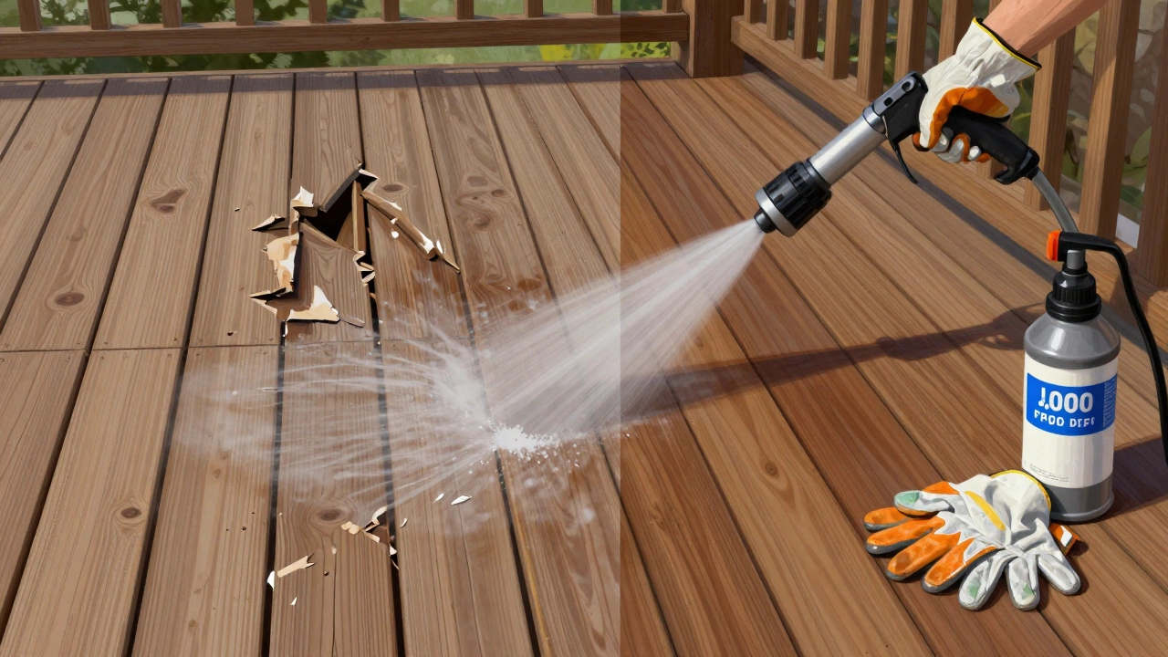 Split image showing damaged vs. properly cleaned wood deck after pressure washing.