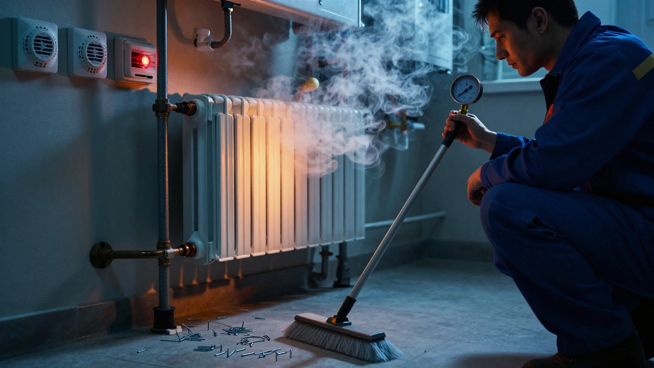 Technician testing a boiler and using a magnetic tool to collect nails on the floor.