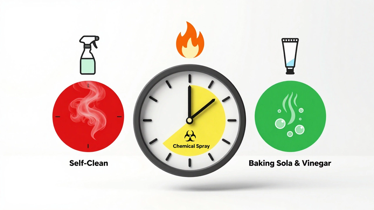 Timeline graphic comparing oven cleaning methods with icons and time labels in a minimalist style.