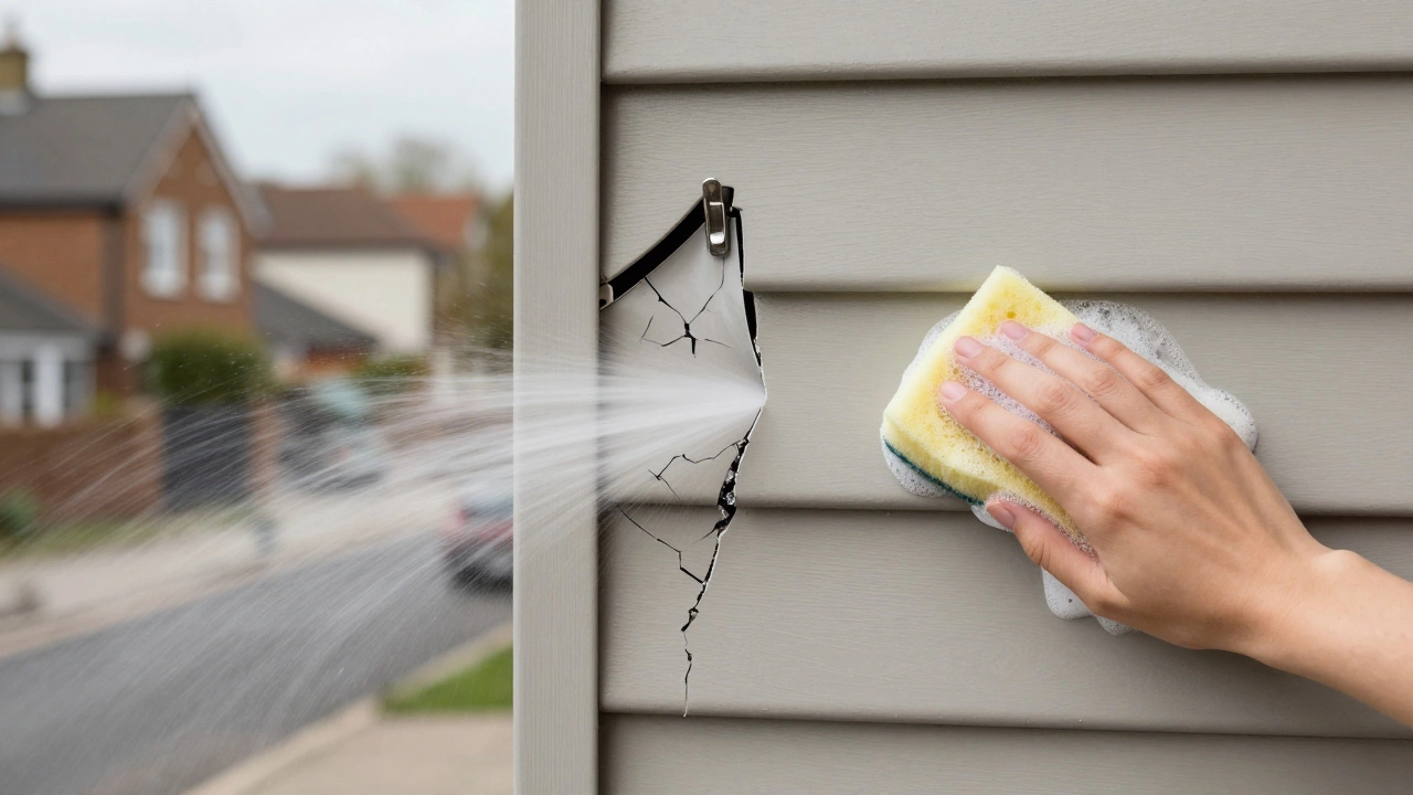 Vinyl siding damaged by pressure washing versus gently cleaned by hand with a sponge and soapy water.