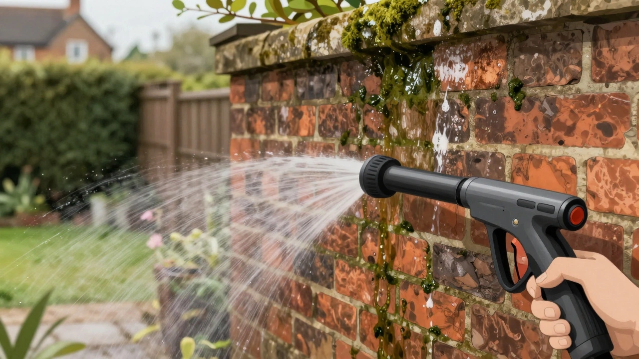Water gently cleaning algae from a brick wall at a 45-degree angle.