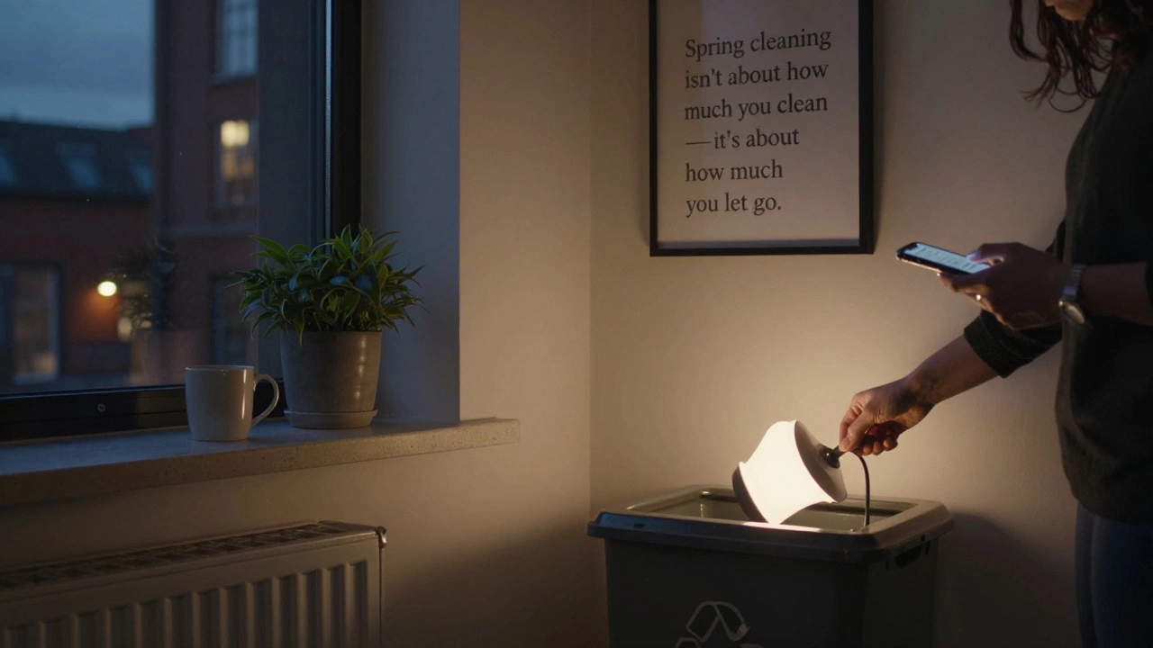 A person deleting digital files while recycling a broken lamp in a minimalist, modern home.