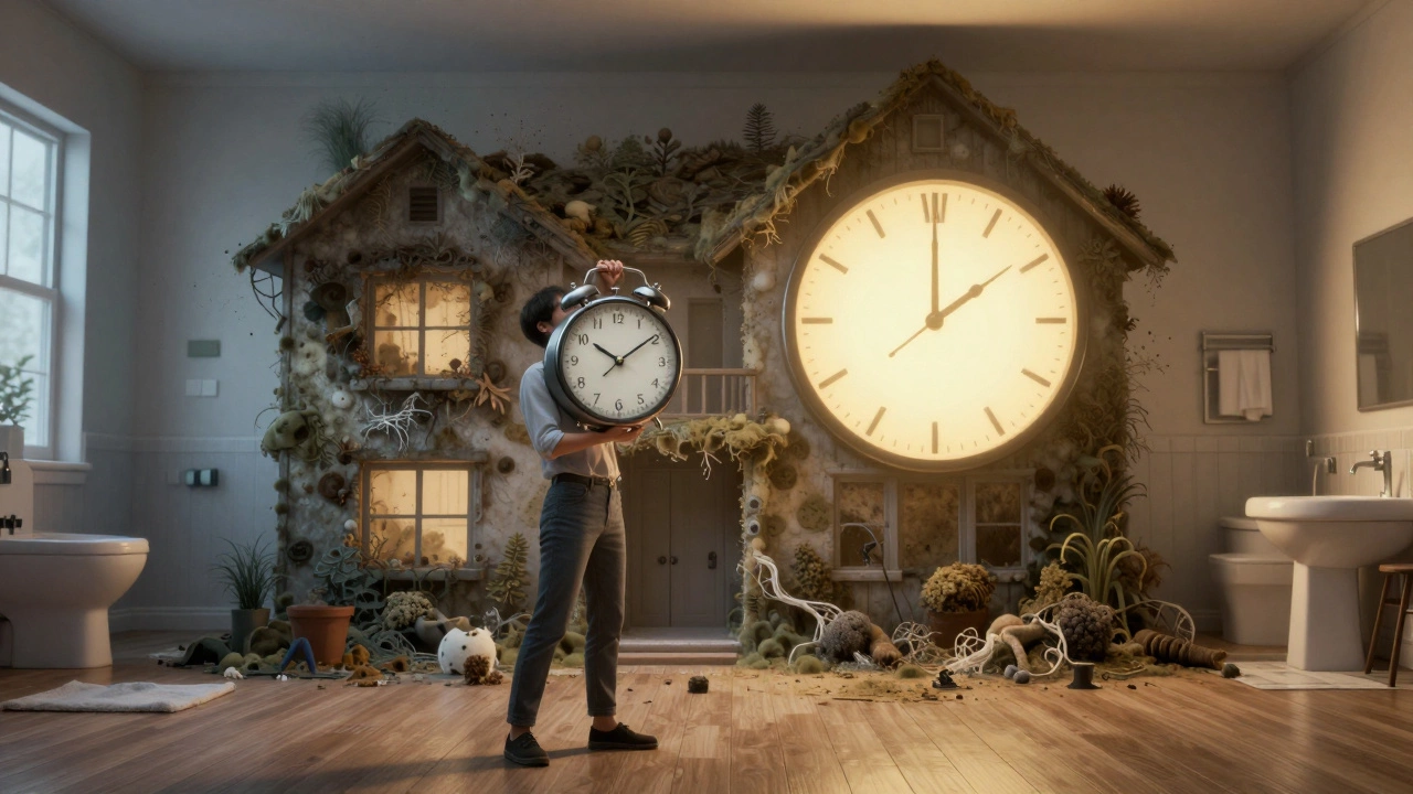 A person holding a small clock above a dark, mold-filled house, while a larger glowing clock lights up a clean home.