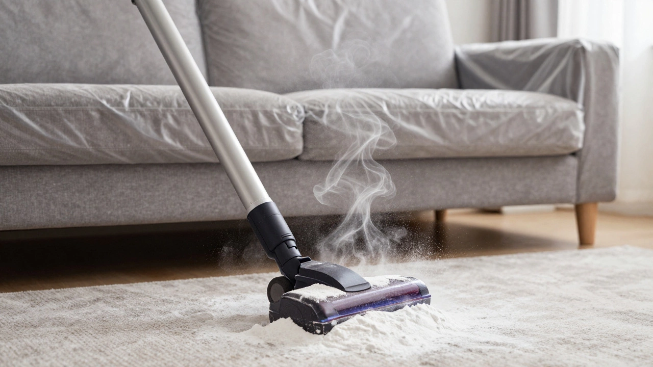 A vacuum cleaning baking soda from a couch, with a protective slipcover visible.