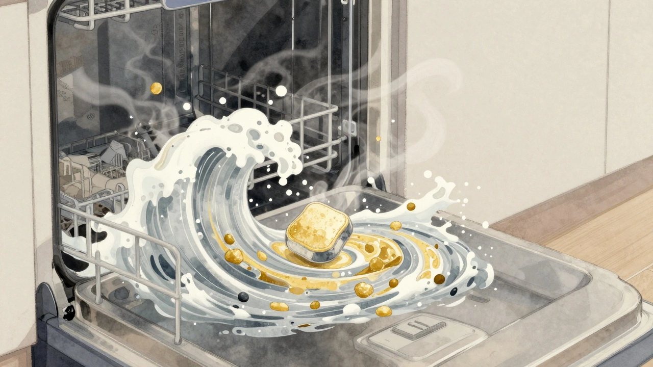 Abstract representation of chemistry breaking down oven grease with swirling colors.