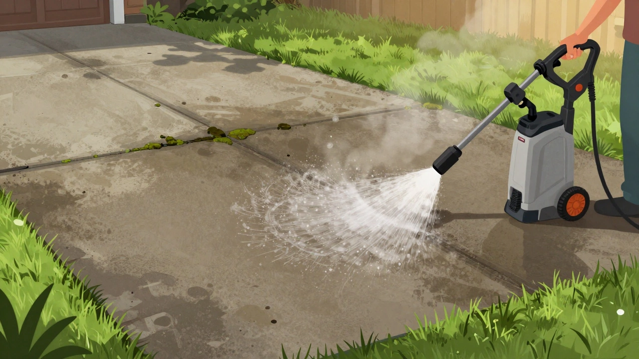 Before and after view of concrete driveway cleaned with pressure washer and surface cleaner attachment.